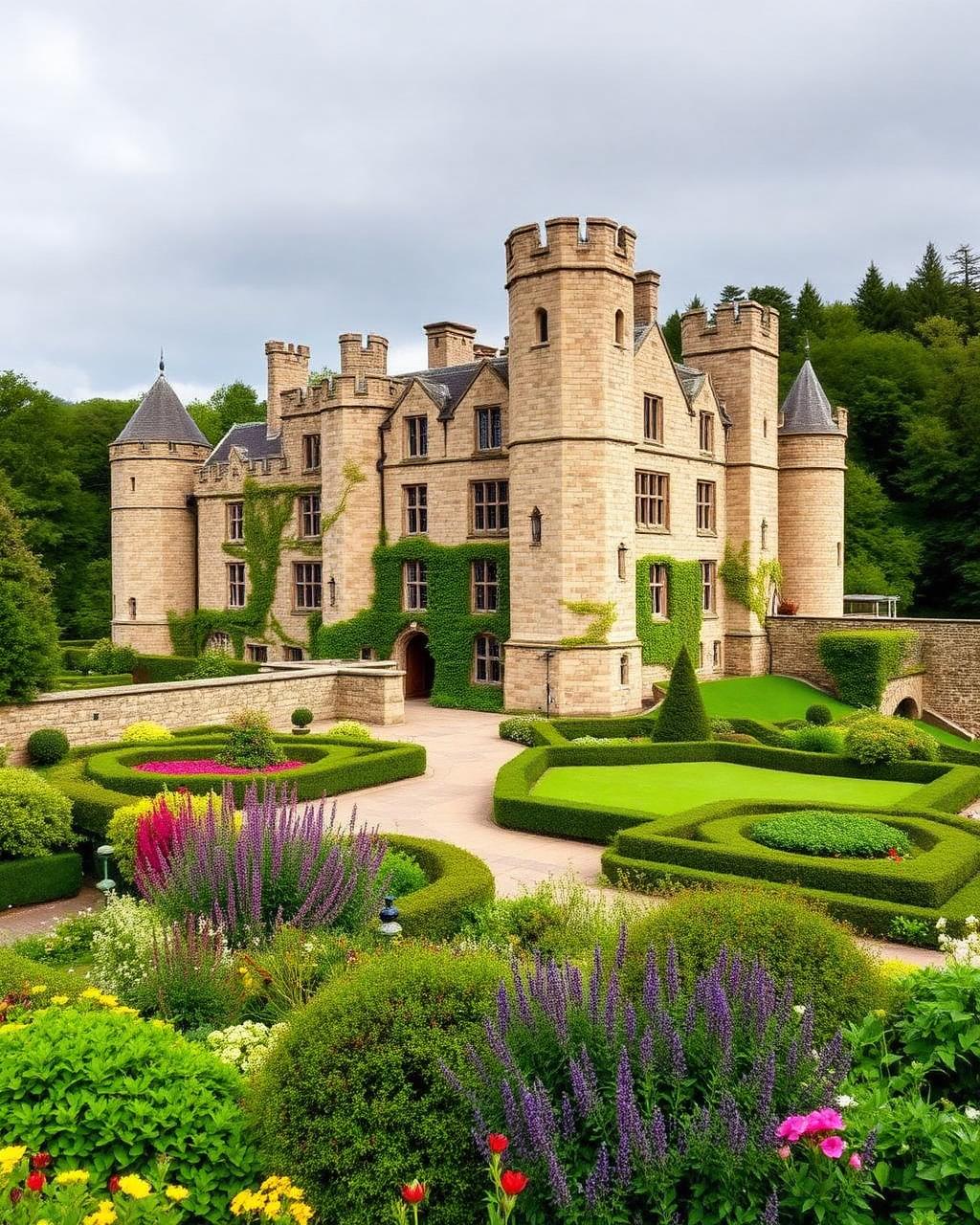 Cawdor Castle, a historic stone tower house castle surrounded by manicured gardens in the Scottish Highlands